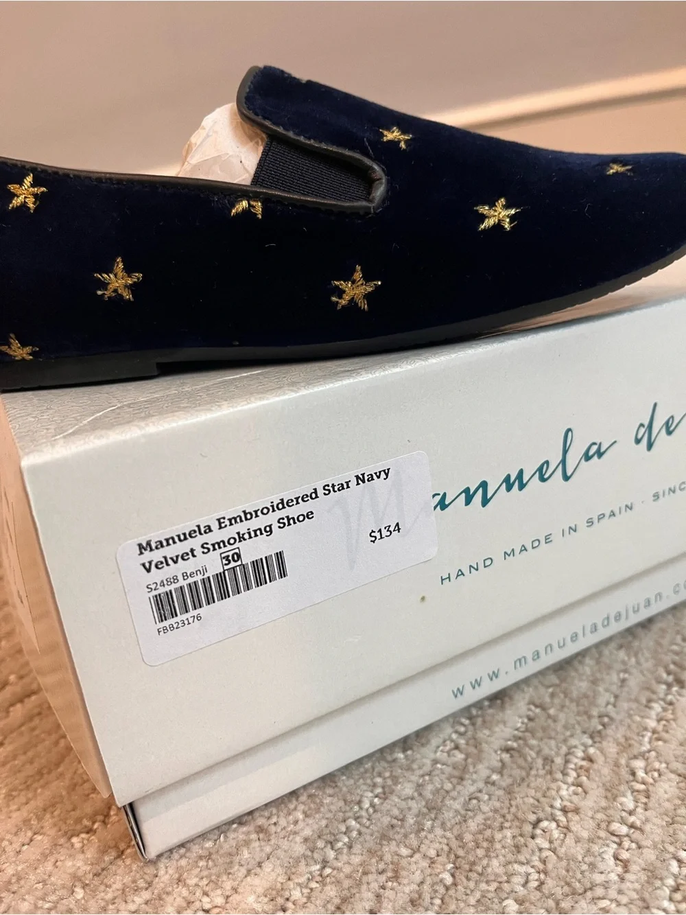 Girls Navy Velvet Slip-On Loafers with Gold Star Embroidery